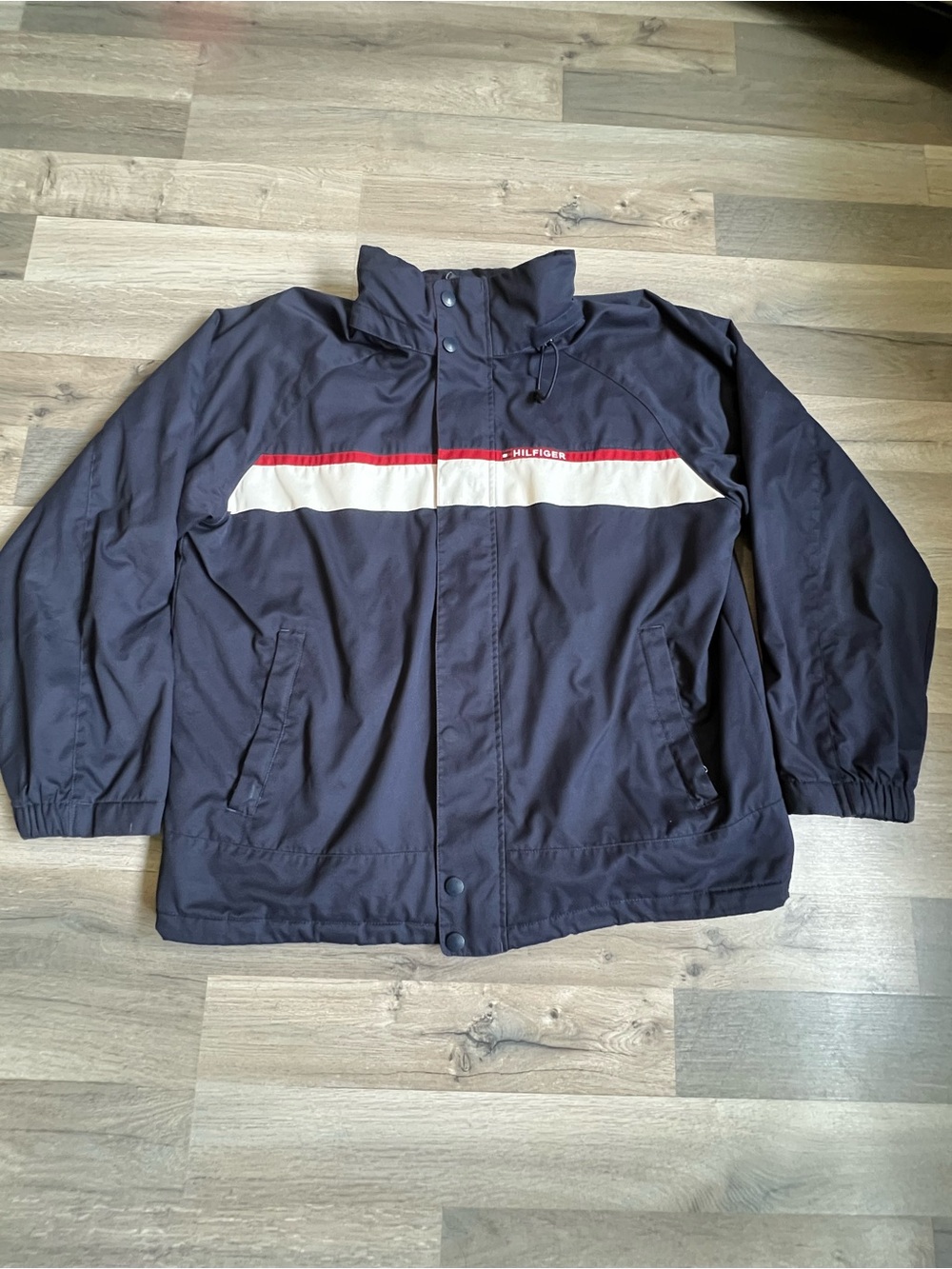 Vintage 90s Tommy Hilfiger Big Logo Jacket Mens XXL Navy Red Packable Hood Coat